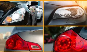 Gros plans sur des feux de voiture : feux de croisement, feux de position, feux de brouillard et feux de stop.