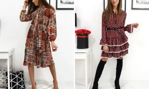 Dwie kobiety prezentują styl vintage moda damska: jedna w sukience w etniczne wzory i plisowanym dołem, druga w grochy z falbankami i kozakami.