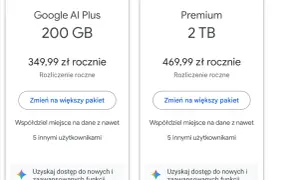 Dwa plany Google One: 200 GB za 349,99 zł rocznie i 2 TB za 469,99 zł rocznie, oba z możliwością współdzielenia i dostępem do nowych funkcji.