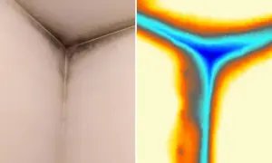 Angolo di una stanza con muffa e immagine termica che mostra la dispersione del calore, suggerendo la necessità di una pittura isolante.