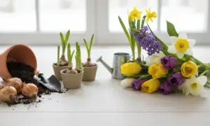 Przygotowania do wiosny: cebulki roślin cebulowych w doniczkach, łopatka, ziemia i bukiet tulipanów, żonkili i hiacyntów.