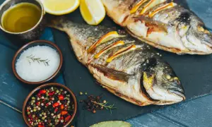 Zwei gebratene Dorade Fische mit Zitronenscheiben, Olivenöl, Salz und Pfefferkörnern auf einem dunklen Brett.