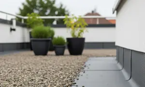 Nowoczesny taras z żwirem i roślinami w donicach. Widoczny minimalny spadek dachu płaskiego, zapewniający odprowadzenie wody.