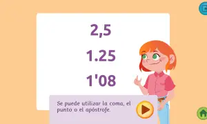 Niña explica operaciones con decimales 5 primaria. Muestra números como 2,5 y 1.25.