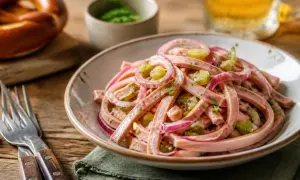 Ein köstlicher Wurstsalat mit roten Zwiebeln und Gurken, perfekt für ein deftiges Mittagessen. Dieses Wurstsalat Rezept ist ein Klassiker.
