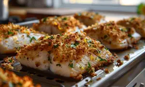 Filets de poisson panés et dorés, parsemés de persil frais et de zeste de citron. Un délice croustillant pour une friture poisson réussie.