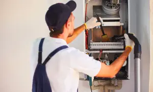 Tecnico pulisce caldaia, un problema comune per chi cerca una vendita casa con caldaia non funzionante.