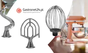 Akcesoria do robota planetarnego: hak do ciasta kruchego, mieszadło płaskie i trzepaczka. Robot planetarny w kolorze miedzianym.