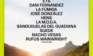 Cartel de festival en Pirineos Sur con nombres de artistas como Rufus Wainwright y Suede.