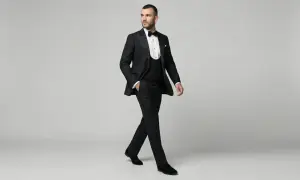 Ein Mann in eleganter Smoking-Kleidung mit Weste und Fliege schreitet selbstbewusst.
