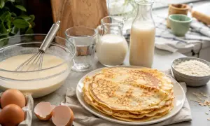Stos składanych naleśników bez mleka, obok składników: jajka, mąka, woda i mleko roślinne.