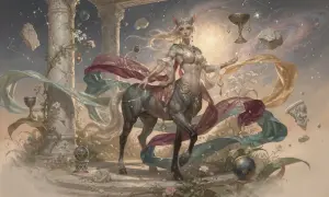 Pół człowiek pół koń, ozdobiona złotem i jedwabiami, stoi wśród ruin i gwiazd.