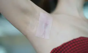 Plaster na bliznę pod pachą. Blizna po zabiegu staje się mniej widoczna dzięki specjalnej taśmie.