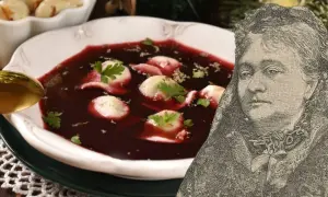 Talerz z barszczem czerwonym i uszkami, obok portret kobiety w stylu retro.