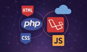Grafika przedstawia ikony technologii webowych: HTML, CSS, PHP, JavaScript i Laravel. Programowanie PHP jest kluczowe dla tworzenia dynamicznych stron.