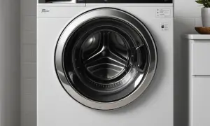 Biała pralka Whirlpool z widocznym bębnem i chromowanym pierścieniem.