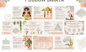 Ilustracja przedstawia 7 cudów świata starożytnego i nowożytnego, ich wpływ na architekturę i inspiracje dla ludzi.