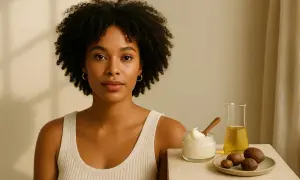 Mujer con cabello rizado junto a un tarro de manteca de karité para el pelo, aceite y nueces. Opiniones positivas sobre sus beneficios.