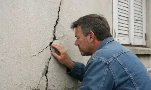 Un homme examine une large fissure sur un mur extérieur.