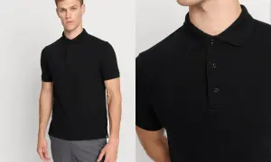 Ein Mann präsentiert ein schwarzes Polohemd, das sich vielseitig kombinieren lässt. Perfekt zu grauen Chinos für einen lässigen Look.