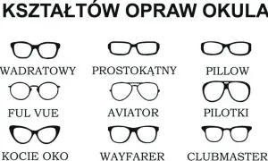 Ilustracja prezentuje różne rodzaje okularów: owalne, kwadratowe, prostokątne, pillow, nieregularne, wrap, ful vue, aviator, pilotki, okrągłe, pantos, kocie oko, wayfarer, clubmaster i motyl.