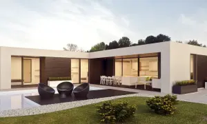 Moderne Fertighaus Beispiele mit Pool und Terrasse. Ein stilvolles Haus mit großen Glasflächen und minimalistischem Design.