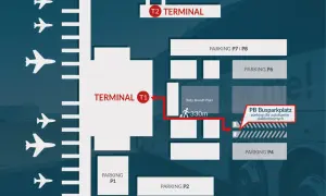 Schemat lotniska Berlin Brandenburg z terminalami T1 i T2, parkingami P1, P2, P4, P6, P7, P8 oraz parkingiem dla autokarów.