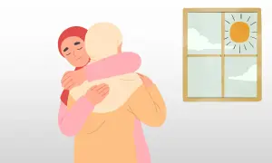 Två personer kramas. Den ena med sluten blick, kanske ett tecken på klinisk depression, får stöd. Utanför fönstret skiner solen.