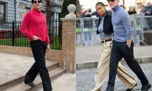 Mann in pinkem Rollkragenpullover und schwarzer Hose, daneben ein Paar in lässigem franzosen style.