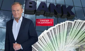 Polityk przy banku i urzędzie skarbowym, obok stos banknotów. Czy to zapowiedź zmian w kwocie wolnej od podatku?