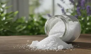 Biały proszek, prawdopodobnie siarka organiczna, wysypuje się ze słoiczka na drewniany blat. W tle zieleń i lawenda. Należy pamiętać o przeciwwskazaniach.