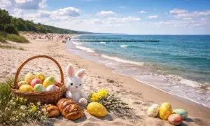 Koszyk z pisankami, zajączek i chleb na plaży. Czy 6 kwietnia jest wolny? Słońce, morze i wakacyjny nastrój.