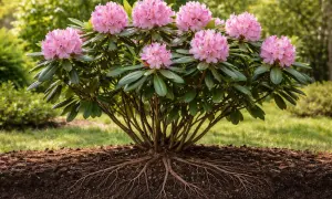 Un rododendro de hoja perenne florece con racimos de flores rosadas. Sus raíces se extienden por la tierra fértil.