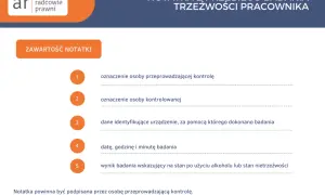 Notatka z przebiegu badania trzeźwości pracownika, zawierająca dane kontrolującego, kontrolowanego, urządzenia, datę i wynik. Dokument ten stanowi część akt osobowych, sekcja E.