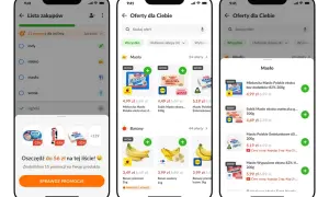 Aplikacja lista zakupów pokazuje promocje na masło i banany. Znajdź najlepsze oferty, by oszczędzić.