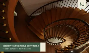 Eleganckie schody wachlarzowe z drewna, z czarną balustradą i złotymi zdobieniami, tworzą stylowe wnętrze.