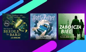 Okładki książek J.K. Rowling: "Baśnie barda Beedle'a", "Harry Potter i Komnata Tajemnic" (kiedy J.K. Rowling napisała Harry'ego Pottera) oraz "Zabójcza biel" Roberta Galbraith.