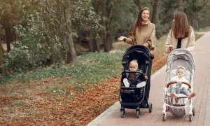 Dwie kobiety spacerują z dziećmi w wózkach po parku jesienią.