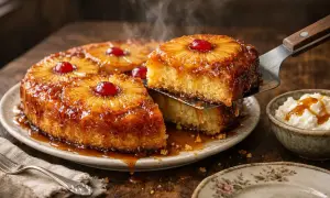 Un gâteau ananas grand-mère fumant, avec une part servie sur une pelle, dégoulinant de caramel. Une touche de cerise sur chaque tranche d'ananas.