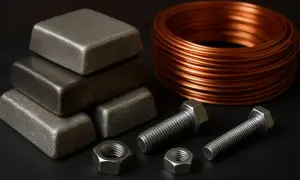 Sztabki aluminium, miedziany drut i śruby. Czy aluminium przewodzi prąd? Tak, jak miedź.