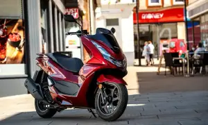 Czerwony skuter Honda PCX 125 zaparkowany na chodniku przed sklepami.