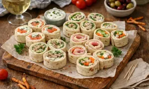 Plateau de wrap apéro garni de saumon, viande hachée, jambon et crudités. Parfait pour un apéritif convivial.