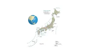 Japonia opis: mapa wysp japońskich z zaznaczonymi głównymi wyspami (Hokkaido, Honsiu, Sikoku, Kiusiu), miastami i morzami.