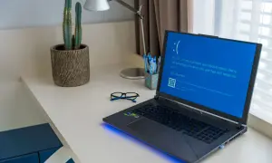 Laptop z niebieskim ekranem błędu formatu Windows 10 na biurku obok okularów i kaktusa.