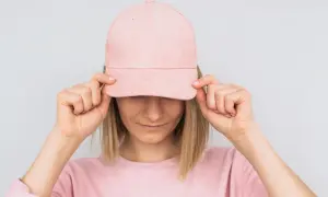 Frau mit rosa Cap, die sie mit beiden Händen vor die Augen hält. Sie zeigt, wie man eine Cap richtig tragen kann.