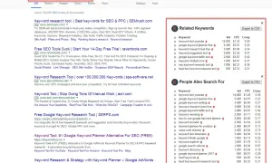 Resultados de búsqueda de "keyword research tool" con volumen, CPC y competencia. La extensión muestra palabras clave relacionadas y búsquedas de personas.