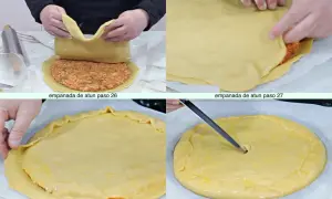 Manos cubriendo un relleno con masa empanada, creando una deliciosa empanada.