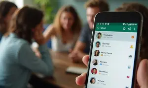 Osoba trzyma telefon z listą kontaktów WhatsApp, pokazując, jak zrobić ankietę na WhatsAppie. W tle widać grupę przyjaciół.