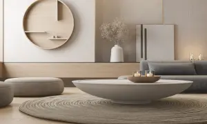 Een serene woonkamer met zachte verlichting en natuurlijke materialen. De ronde wanddecoratie en het vloerkleed creëren een rustige ambiance, een ander woord voor sfeer.