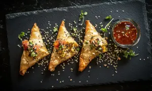 Trois samoussas dorés garnis de graines de sésame et de pousses, servis avec une sauce épicée. Une recette samoussa qui met l'eau à la bouche !